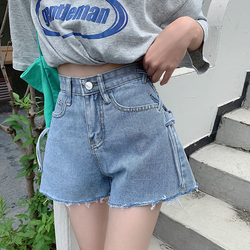 秋壳韩版牛仔超短裤女高腰显瘦毛边绑带潮流热裤视频