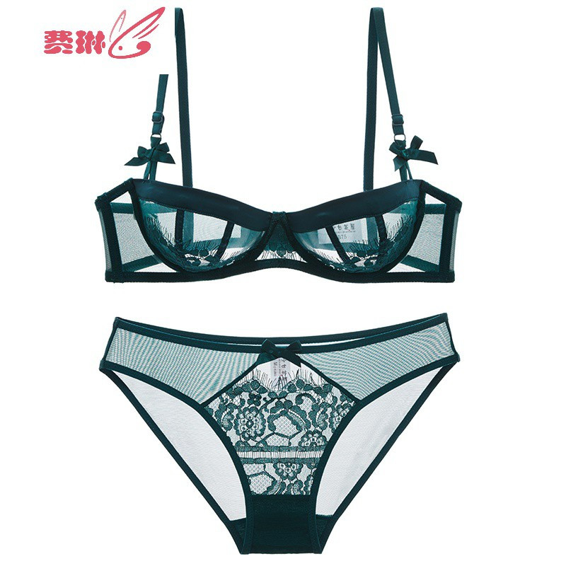 超薄蕾丝半罩杯文胸套装性感透明透视女士内衣无海绵胸罩 费琳