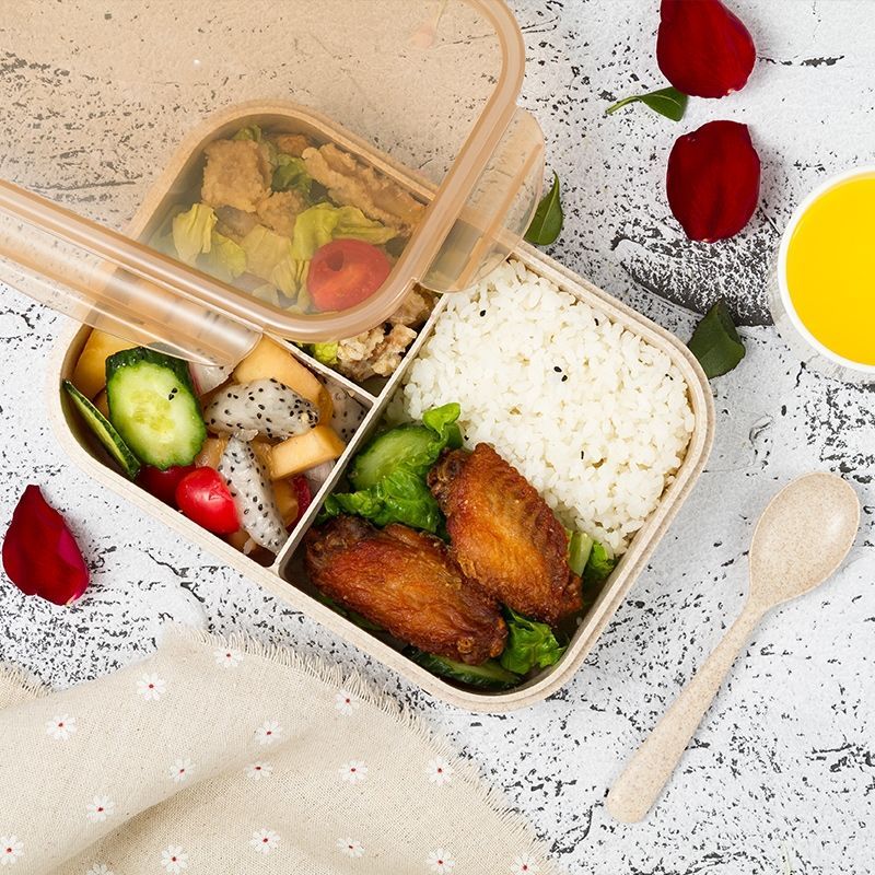 圆形饭盒950ml麦色带勺 爱思得微波炉加热饭盒保鲜便当盒上班族大容量分隔塑料碗带盖带
