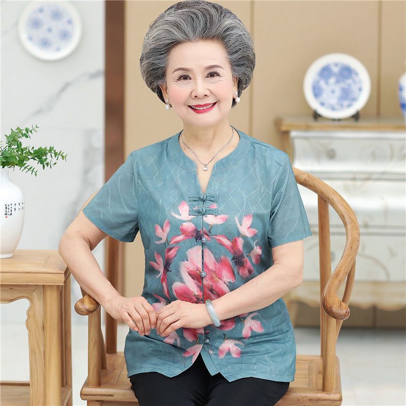 中老年女装夏装妈妈装短袖衬衫60-70-80岁奶奶唐装中式衬衣两件套 XC-12短袖粉色单件上衣 L(建议70-85斤)
