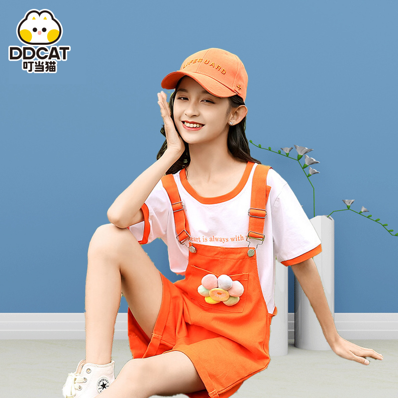 叮当猫甜美女中大童减龄百搭学生连体裤潮流橘色牛仔背带短裤