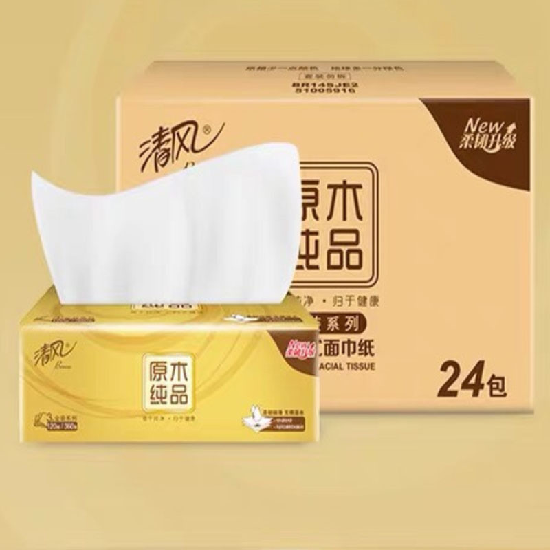 嘉创优品 清风金装原木纯品抽纸3层24包餐巾纸卫生纸实惠纸巾原装整箱装
