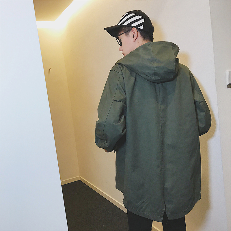 SUNTEK夹棉中长款风衣夹克男加肥加大码厚连帽宽松外套潮胖工装秋冬季装风衣高清大图