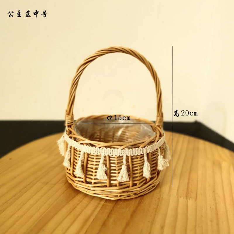 圆形创意提篮夏日郊游手提花篮韩式花艺插花公主篮伴手礼藤编篮子 公主蓝小号