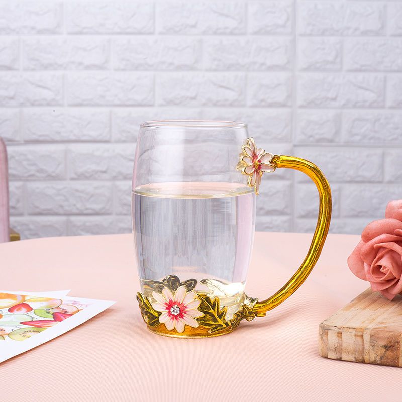 可爱玫瑰杯珐琅彩水杯家用咖啡杯泡茶杯少女心玻璃杯果汁杯花茶杯 菊花矮杯
