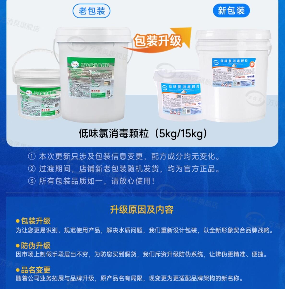 万消灵低味氯消毒颗粒含氯55%二氯异氰尿酸钠池水专用速溶消毒剂15kg/桶高清大图