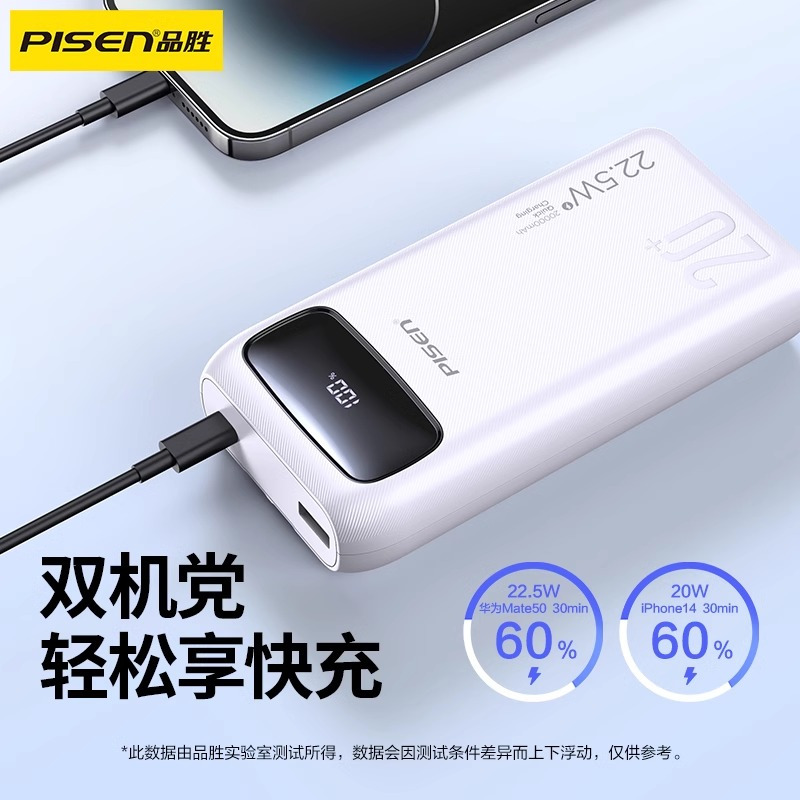 品胜PD22.5W快充充电宝20000毫安移动电源自带双线适用苹果iPhone16151413华为oppo小米等 白色高清大图