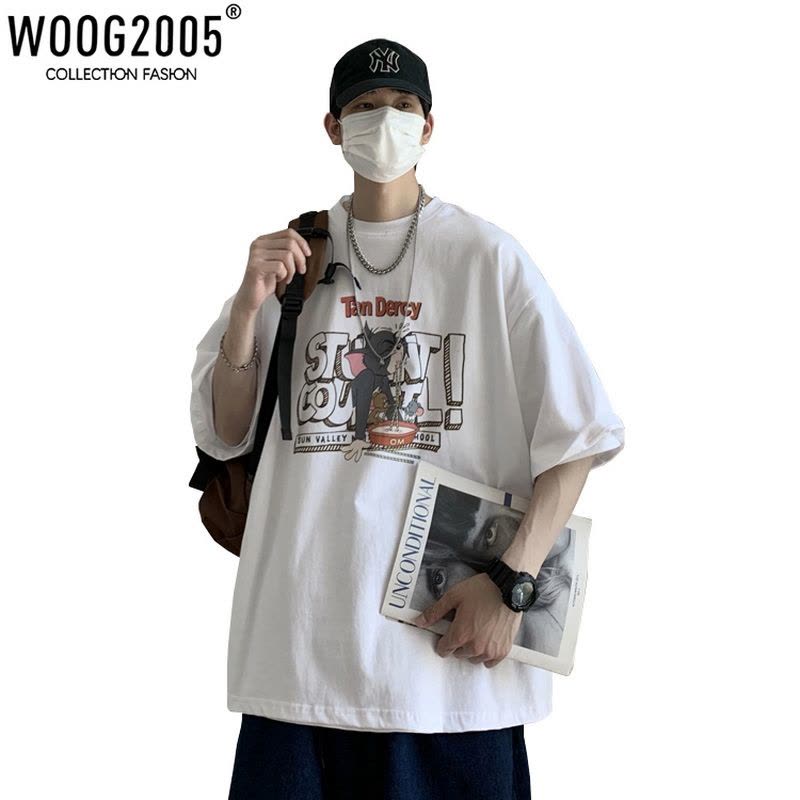 WOOG2005白色短袖男夏季上衣纯棉t恤oversize青少年情侣体恤半袖图片