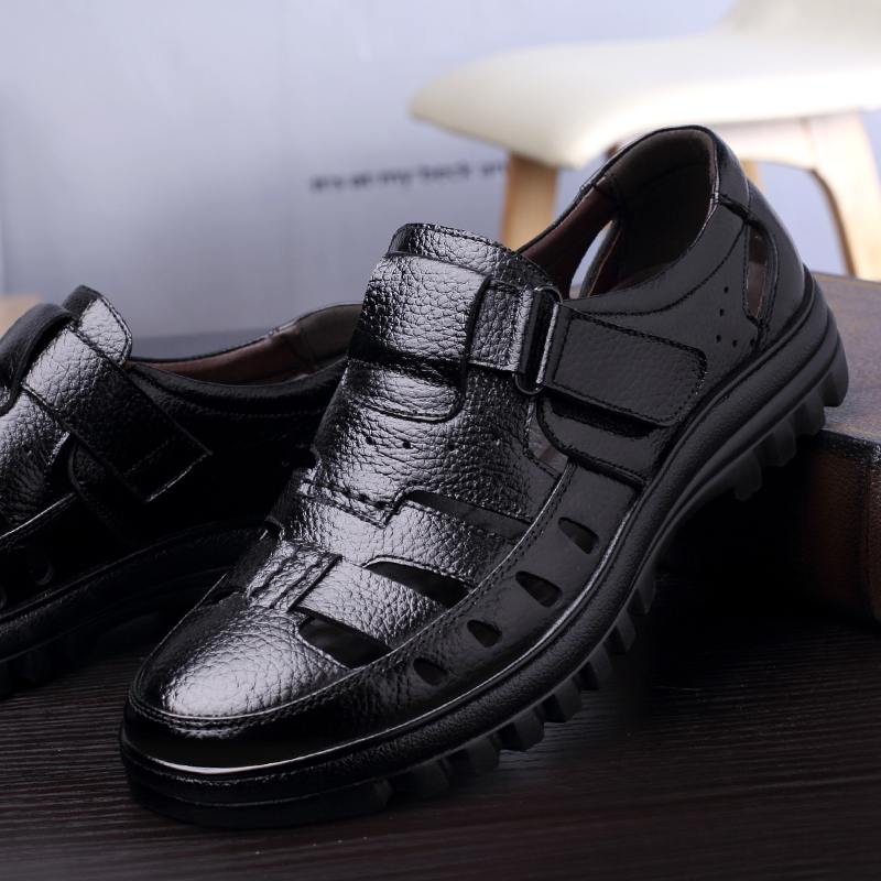 凡世界男士镂空皮凉鞋新款夏季中老年真皮透气轻便魔术贴凉皮鞋