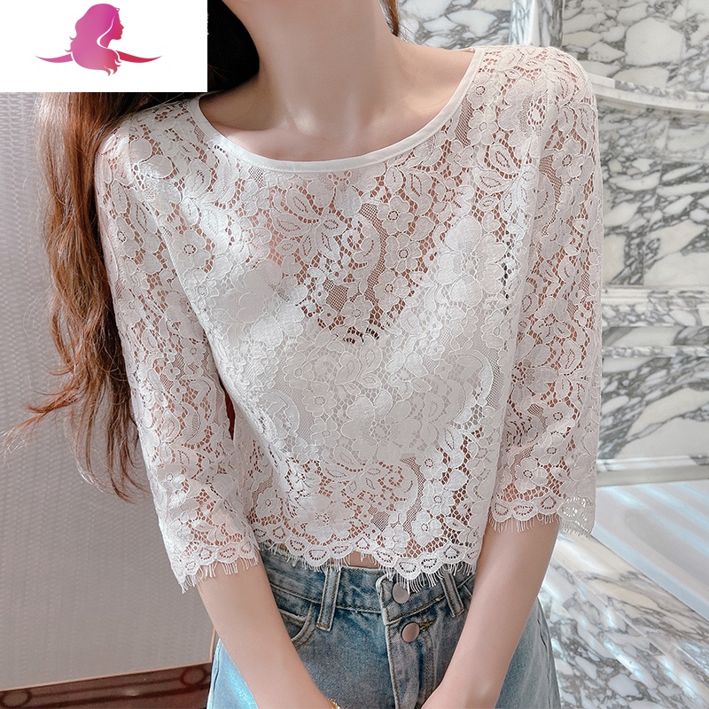 艳如飞白色蕾丝上衣女夏季短款五分袖性感镂空吊带裙内搭纱衣网纱打底