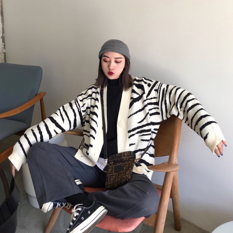 Keiko s stylish单排扣百搭宽松chic风斑马纹上衣长袖开衫女厚实