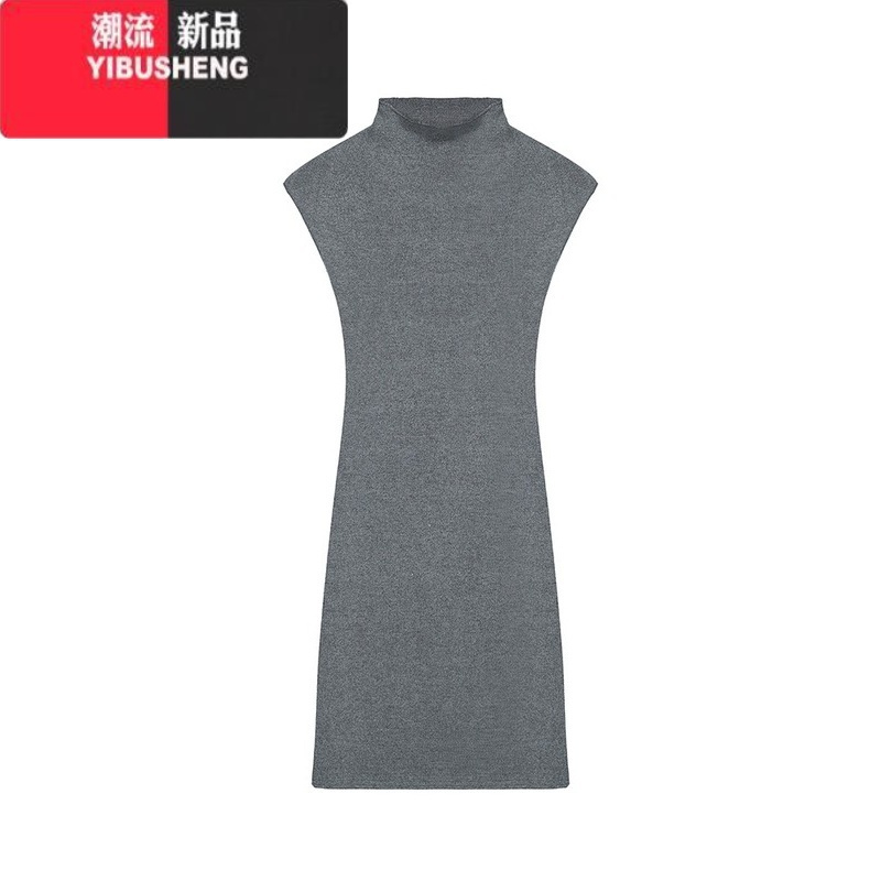YIBUSHENG辣妹半高领灰色短袖针织连衣裙女季新款弹力修身打底包臀短裙子