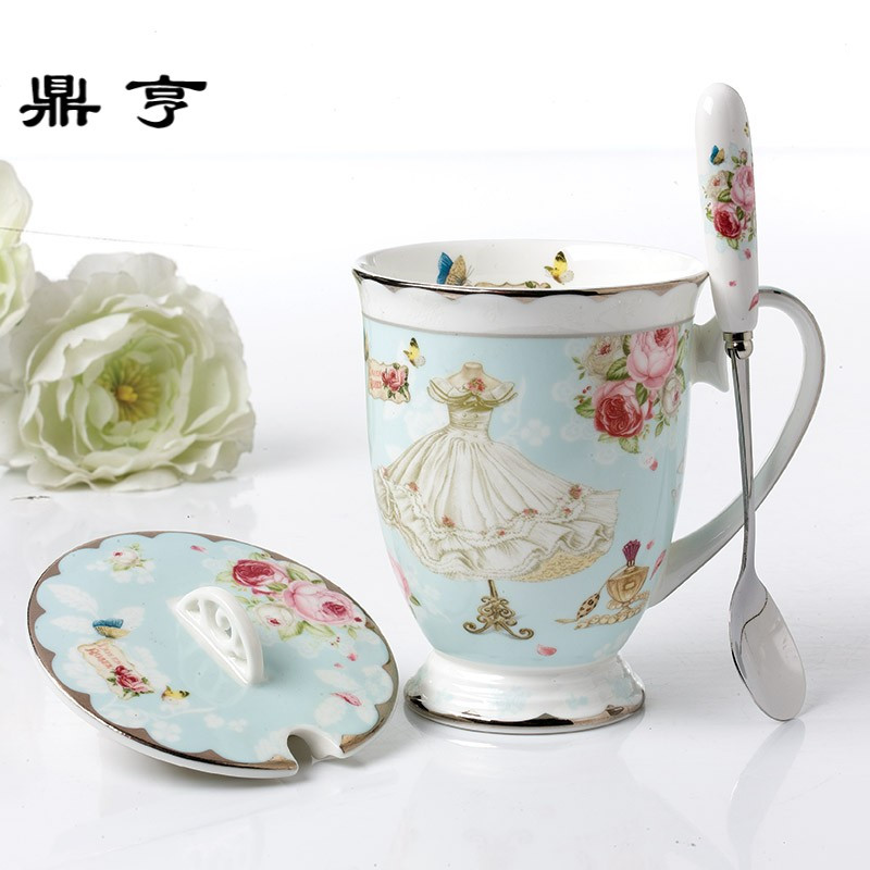 鼎亨田园陶瓷马克杯带盖勺咖啡杯骨瓷创意水杯牛奶杯子简约情侣水