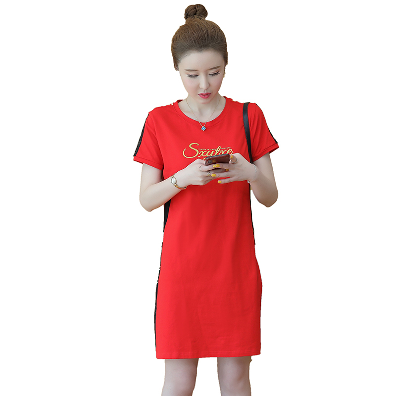 艳如飞夏季棉短袖女显瘦运动风休闲连衣裙网球裙羽毛球裙子T恤中长款T恤