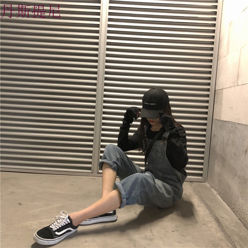 秋装女装韩版宽松复古做旧背带连体裤牛仔裤高腰破洞阔腿裤九分裤