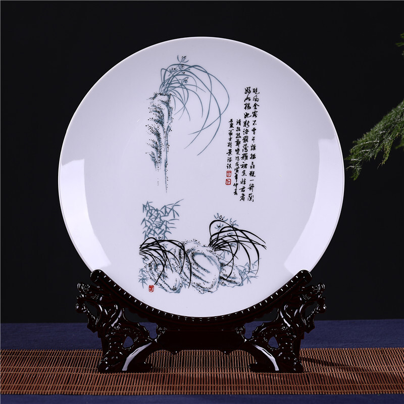 景德镇陶瓷器花瓶富贵竹插花创意摆件梅兰竹菊瓷器客厅家居摆设 三维工匠 兰花瓷盘送龙头底座直径25厘米高清大图