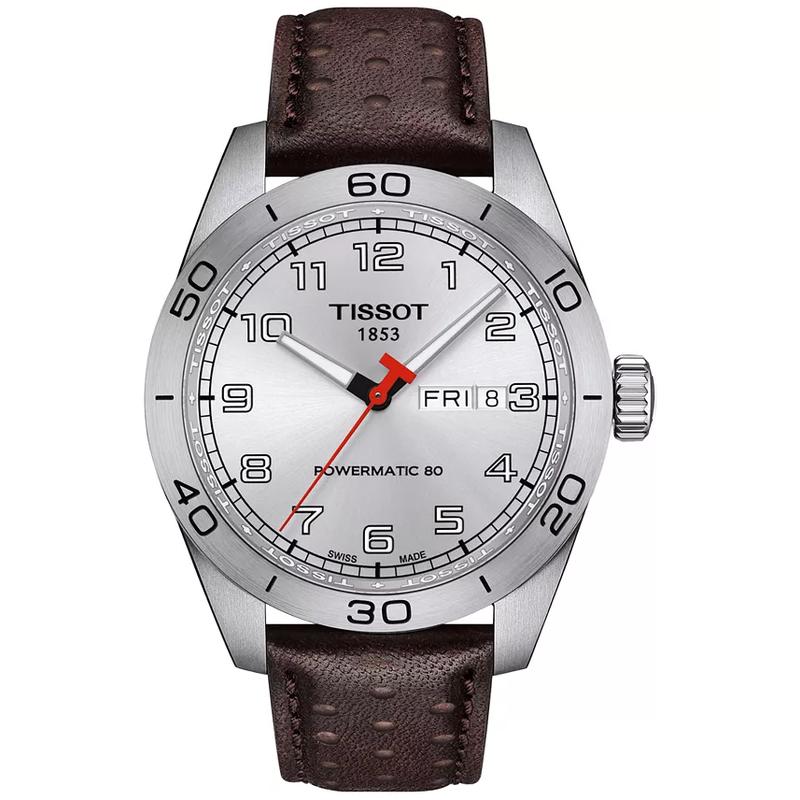 天梭(TISSOT)瑞士自动机械表男表银色日历窗不锈钢表壳棕色打孔皮带防水100米高清大图