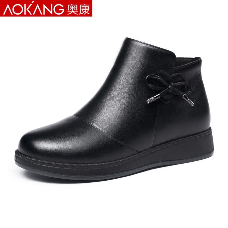 奥康棉鞋女冬季加绒保暖短靴女高帮中老年妈妈棉皮鞋图片