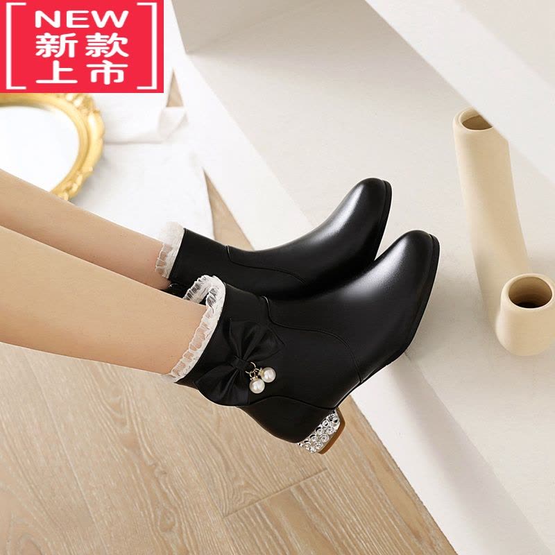 可莉允女童靴子短靴2022秋冬加绒小女孩白色高跟鞋子公主皮靴儿童马丁靴图片