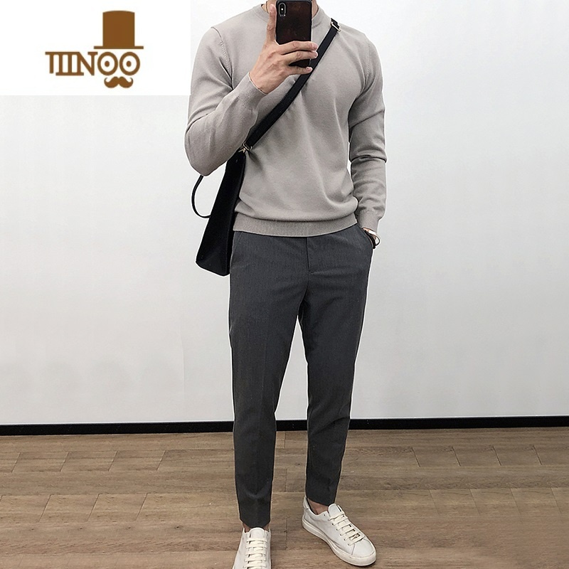 YANXU纯色薄款圆领打底针织衫男韩版修身套头毛衣内搭线衫男士上衣高清大图