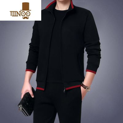 YANXU卫衣男长袖宽松大码外套中老年人爸爸秋装休闲运动套装 5XL 黑色红边两件套