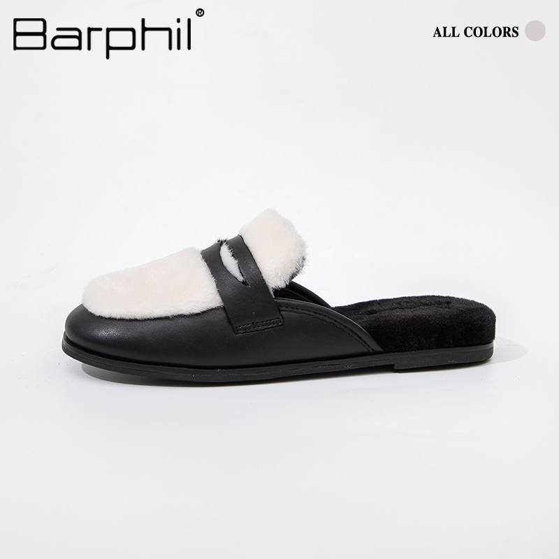 Barphil外穿半拖鞋2023冬季新款加绒保暖懒人一脚蹬棉鞋小皮鞋女