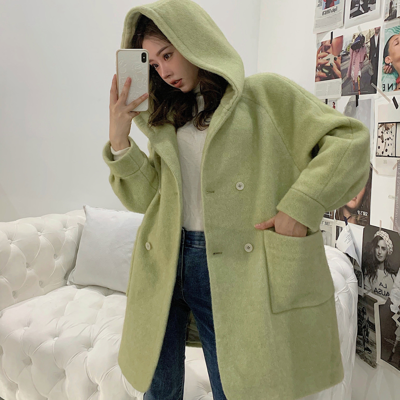 [2.5折价220元]唐狮秋冬新款女毛呢外套女中长款双排扣连帽宽松显瘦韩版潮ZW