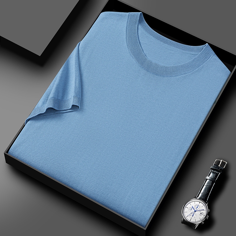 免费试穿专柜正品夏季男士圆领短袖T恤桑蚕丝半袖打底衫2024冰丝针织衫男可定制批发开发票加肥加大码潮流T恤衫特价男装 浅蓝色 175