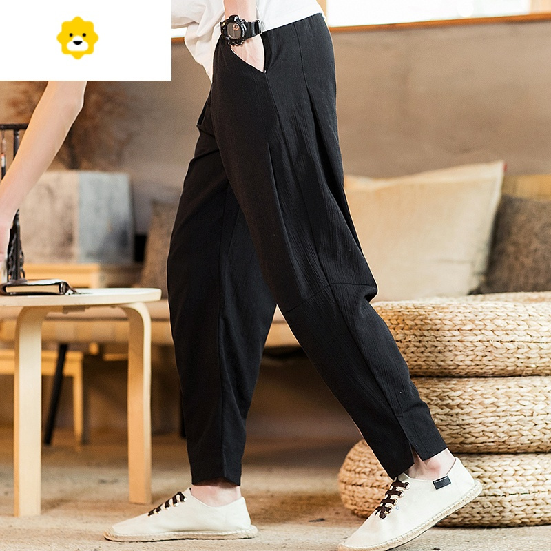 fishbasket亚麻裤男裤子夏季薄款男士休闲裤男款萝卜裤中国风男裤棉麻