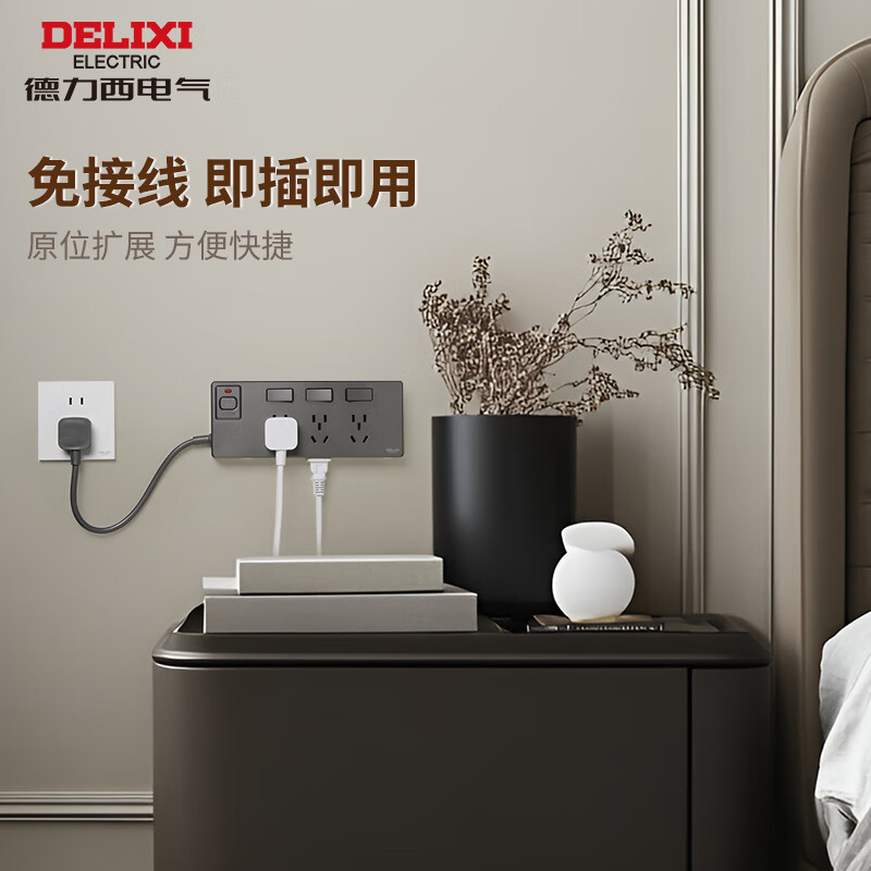 德力西电气 DEZ系列扩展插座带线款 二十一孔插座 星空灰 左出线/灰 DEZ-BK33L (H)高清大图