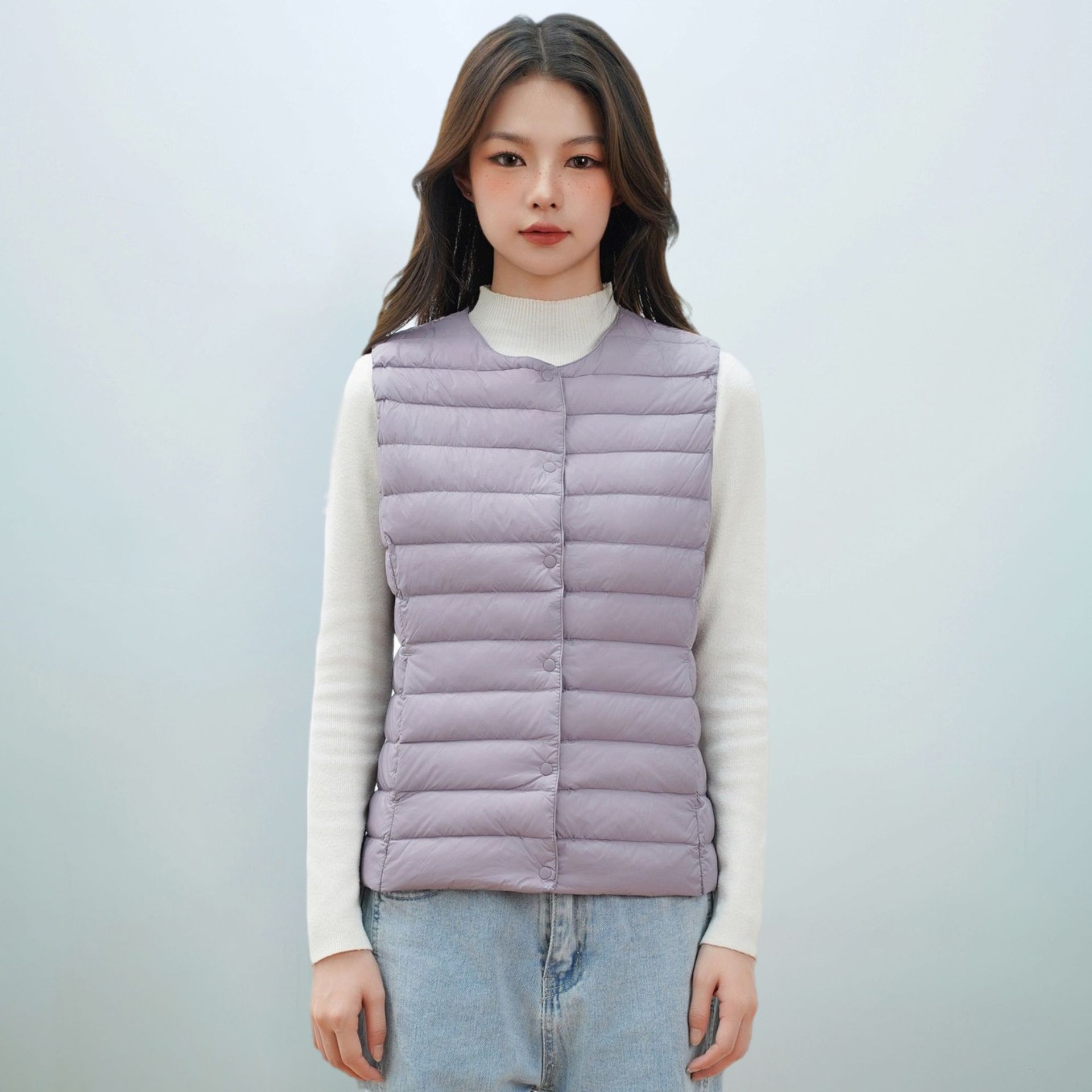 女式新国标90绒新款女装圆领V领轻便羽绒服背心羽绒马甲 浅紫色 XL