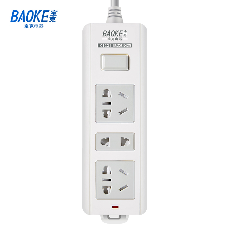 宝克(BAOKE)K1231 插线板 新国标延长线插座3位组合总控开关 2500W MAX 白色 1个