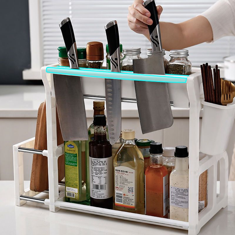 厨房置物架落地收纳架带调味料罐子双层置物架刀架厨房用具储物架调料