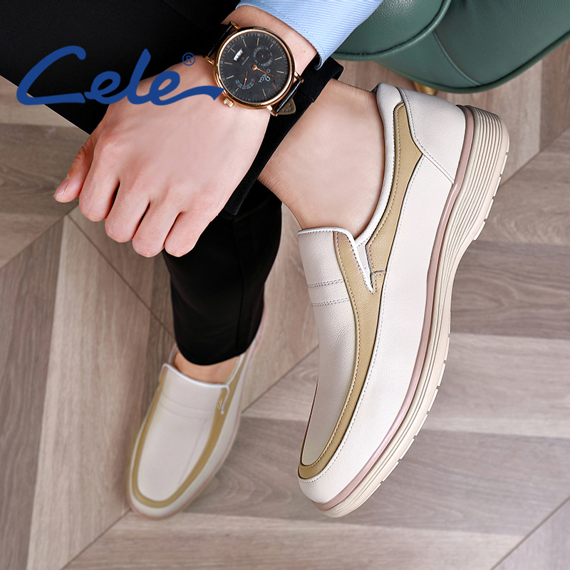 策乐夏季男士白鞋真皮休闲鞋男士商务皮鞋爸爸鞋一脚蹬懒人鞋乐福