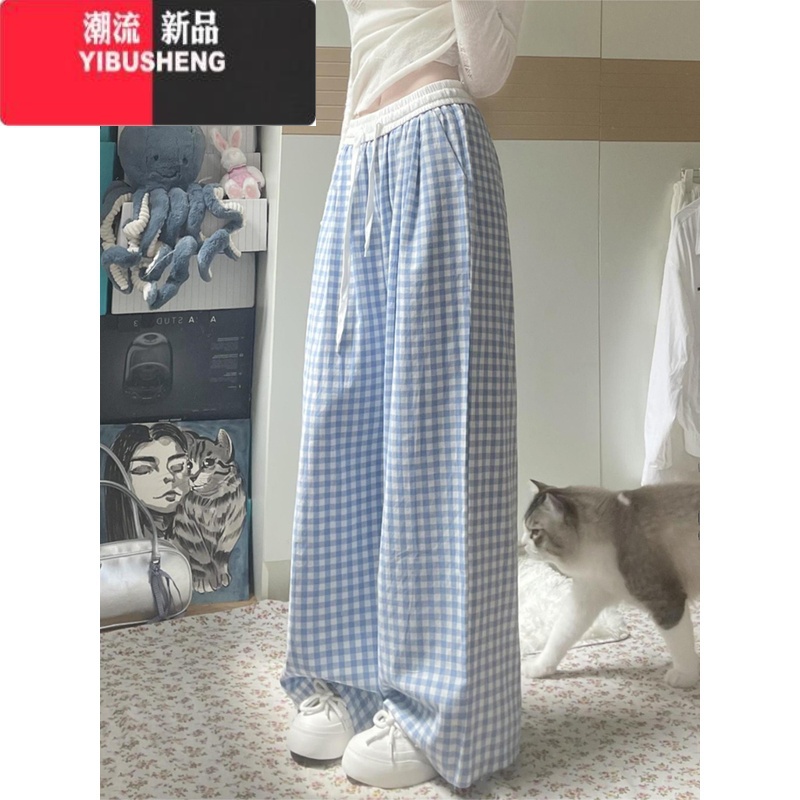YIBUSHENG小个子蓝色格子休闲裤女季薄款2024新款宽松阔腿裤高腰直筒裤子高清大图