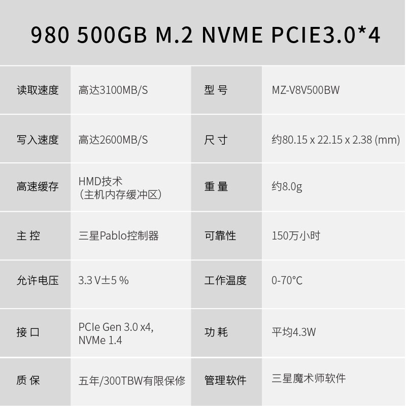 三星(SAMSUNG) 980 系列 500GB SSD固态硬盘 M.2接口2280 (NVMe协议PCIe 3.0 x4) 游戏 SSD 固态硬盘 读速高达3100MB/s高清大图