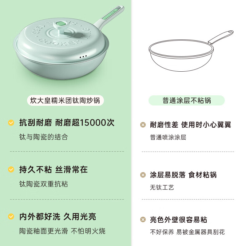 炊大皇 炒锅不粘锅 易洁钛陶瓷平底炒菜锅32cm 磁炉通用糯米团绿NM32CGL高清大图