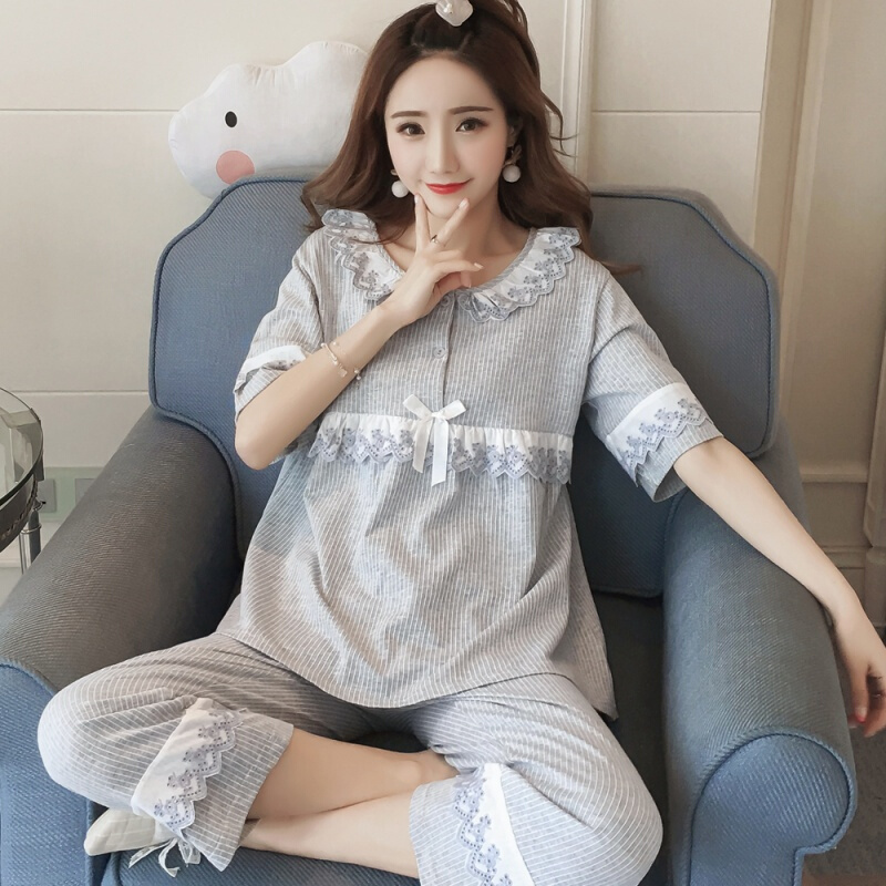 少女睡衣女春秋可爱短袖甜美公主风花边韩版棉夏家居服套装98014灰短袖七分裤棉