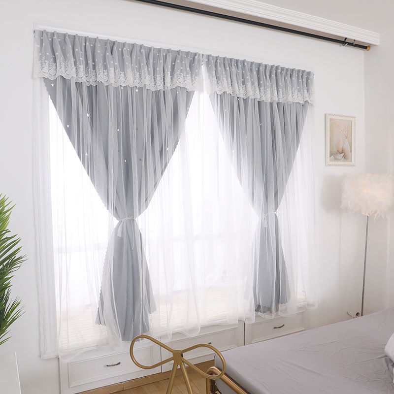 京城派 免打孔窗帘布魔术贴安装2020新款卧室粘贴式挂环式窗帘全遮光简易自粘网红款挂式窗帘 挂环带纱-浅蓝色（不含杆） 宽1.0米x高1.2米一片