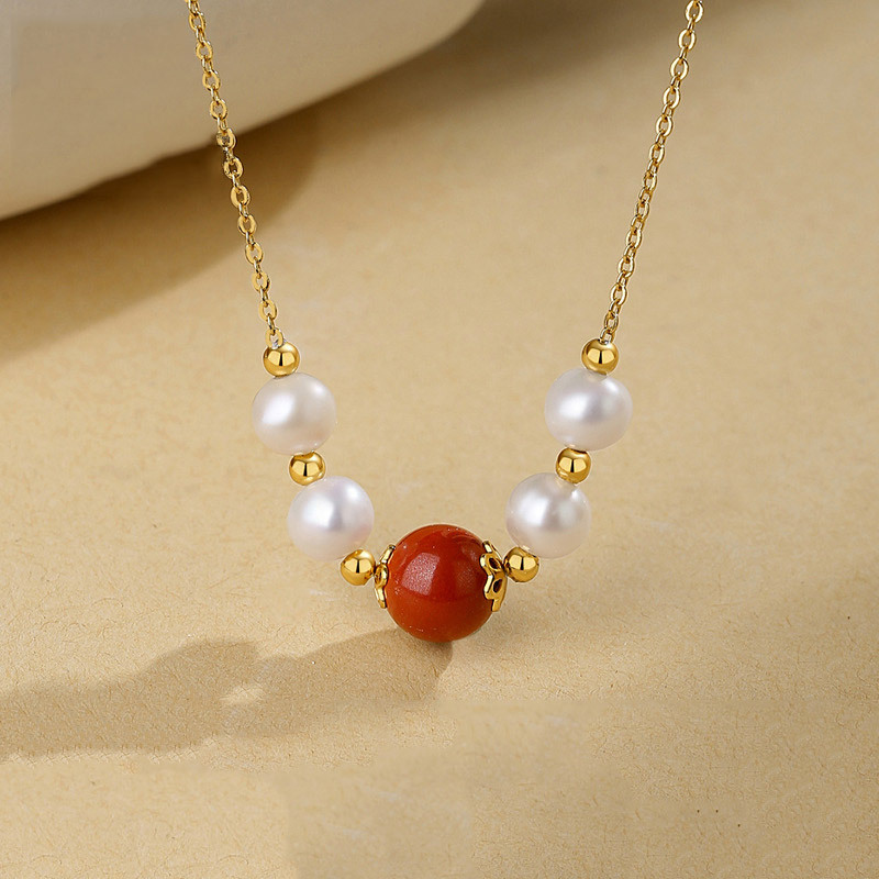 鑫铂尼原创设计s925银红豆项链女款淡水珍珠简约气质时尚首饰节日生日