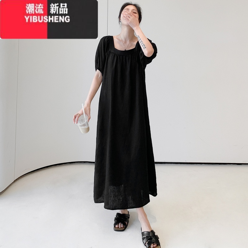 YIBUSHENG高级感气质休闲裙子2024春季新款大码宽松显瘦长款短袖连衣裙潮