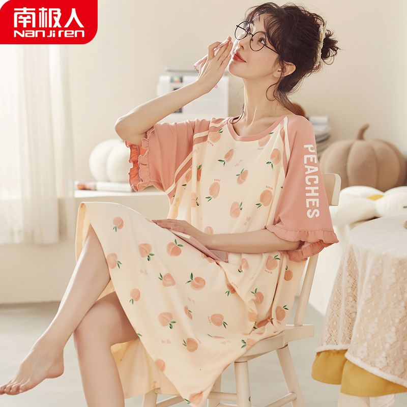 南极人睡裙女夏季棉短袖薄款可外穿大码胖mm200斤韩版宽松睡衣 L ALS2315主图