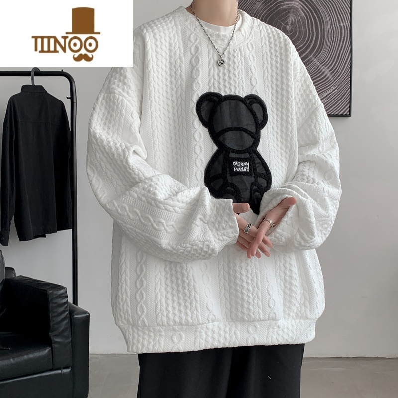 YANXU白色圆领卫衣男士小熊印花时尚长袖T恤宽松男款潮TT款X高清大图