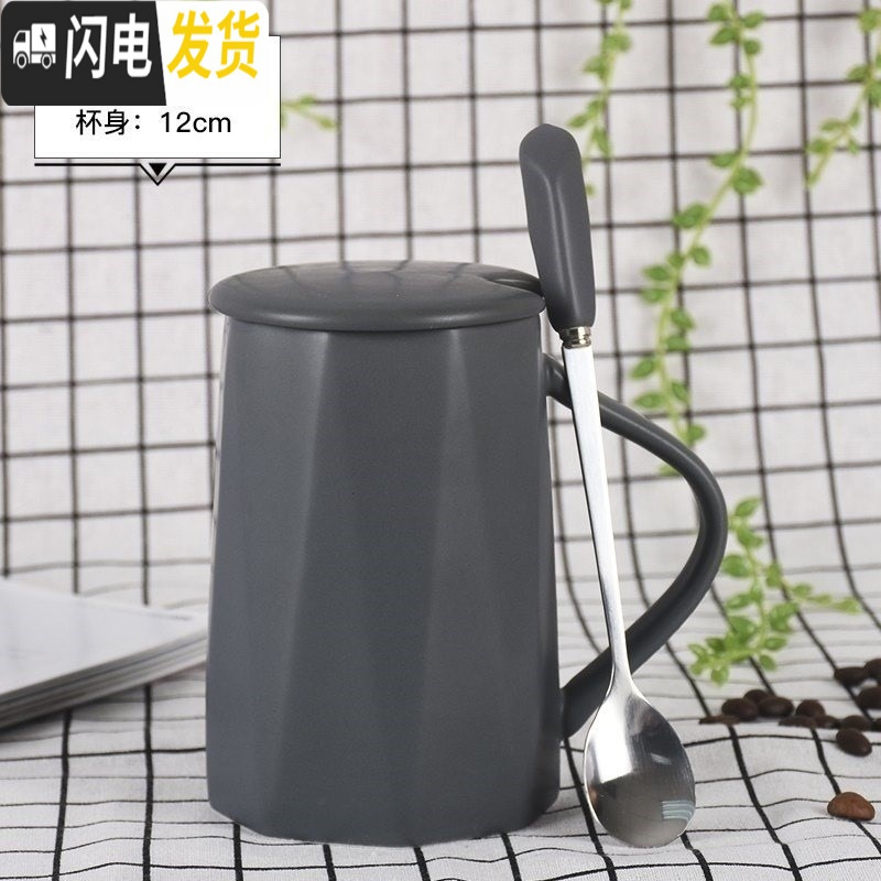 三维工匠通用情侣款风杯子一套磨砂带盖个性有盖家用咖啡杯男女 灰色-倒立几何咖啡器具高清大图