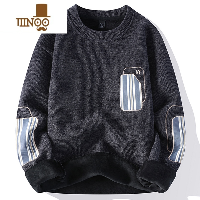 YANXU卫衣男士毛衣新款一体加绒加厚宽松圆领保暖上衣打底针织衫高清大图