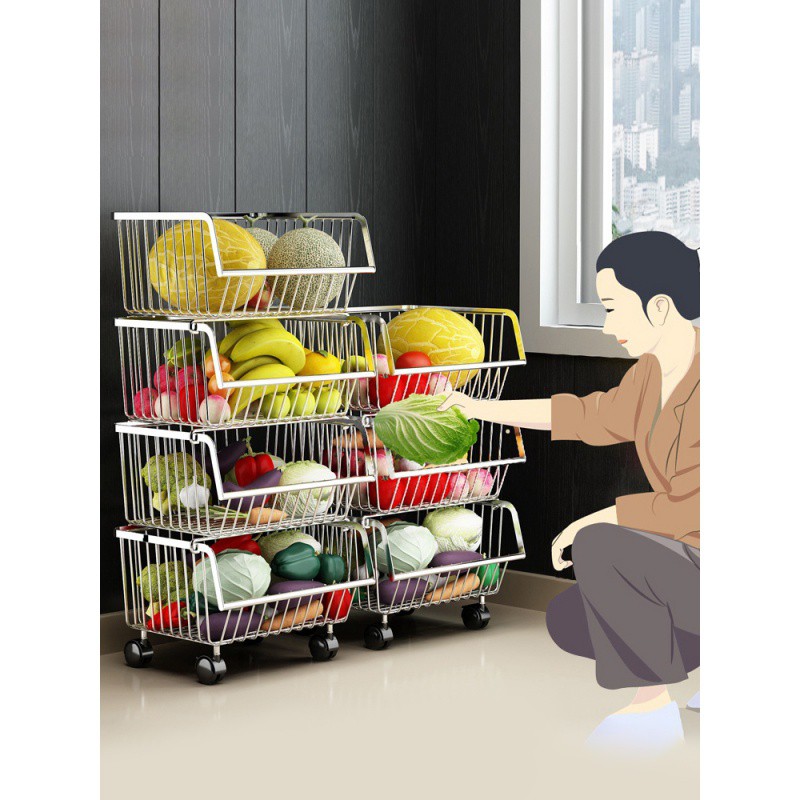 304不锈钢厨房置物架落地多层家用品储物收纳筐放水果蔬菜篮架子收纳层架 三维工匠高清大图