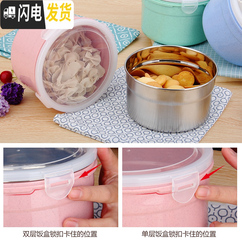 三维工匠304新款金属不锈钢饭盒学生碗带盖圆形密封多用微波炉保鲜便当盒 北欧粉(勺筷叉盒+袋子)高清大图