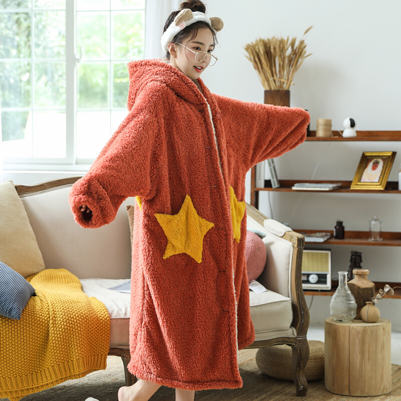 波迷娜(BOMINA)珊瑚绒睡衣女冬季星星长款睡袍连帽睡裙法兰绒宽松冬天大码服