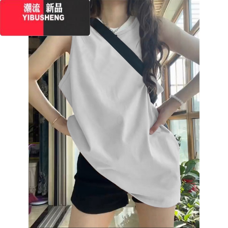 YIBUSHENG美式复古坎肩背心t恤女季外穿高级感中长款宽松无袖上衣服高清大图