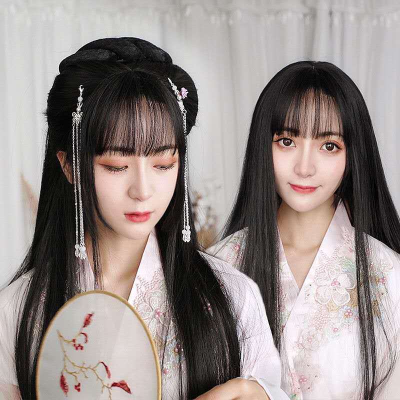 古装发包女假发女长直发汉服牛角包垫发盘发髻古风假发包套装无鬓刘海